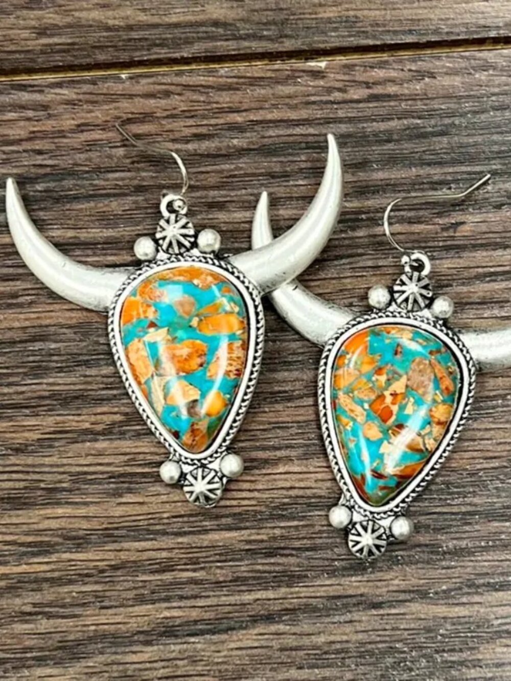 Western Bullhorn Turquoise Earrings Silver Boho Rodeo Cowgirl Statement Jewelry